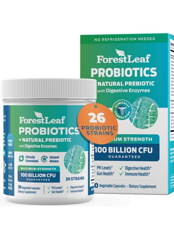 ForestLeaf بروبيوتيك للرجال والنساء، 100 مليار وحدة تشكيل مستعمرة، 26 سلالة فريدة، دعم البروبيوتيك والبريبايوتيك للرجال والنساء لصحة الجهاز الهضمي، صحة الأمعاء، الطاقة، المزاج، المناعة، توازن الرقم الهيدروجيني (30 كبسولة) - Image 1