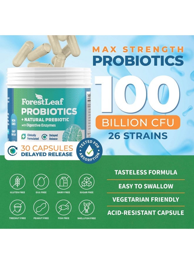 ForestLeaf بروبيوتيك للرجال والنساء، 100 مليار وحدة تشكيل مستعمرة، 26 سلالة فريدة، دعم البروبيوتيك والبريبايوتيك للرجال والنساء لصحة الجهاز الهضمي، صحة الأمعاء، الطاقة، المزاج، المناعة، توازن الرقم الهيدروجيني (30 كبسولة) - Image 2