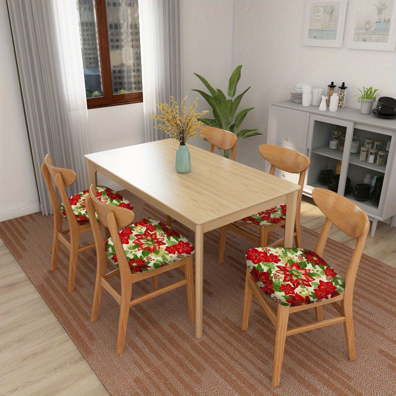 2 Pcs Festive Christmas Poinsettia Print Chair Cushion Covers Modern Polyester Durable Stain Resistant Machine Washable Sewn Seam Closure Home Kitchen Dining Room Decor - Image 3