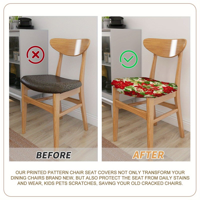 2 Pcs Festive Christmas Poinsettia Print Chair Cushion Covers Modern Polyester Durable Stain Resistant Machine Washable Sewn Seam Closure Home Kitchen Dining Room Decor - Image 4