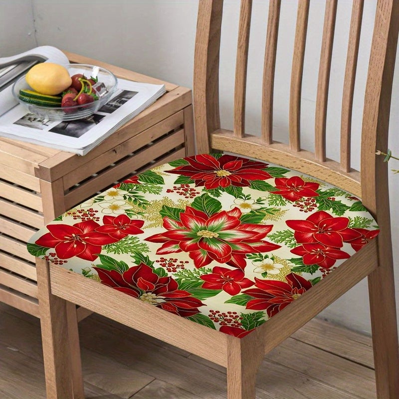 2 Pcs Festive Christmas Poinsettia Print Chair Cushion Covers Modern Polyester Durable Stain Resistant Machine Washable Sewn Seam Closure Home Kitchen Dining Room Decor - Image 2
