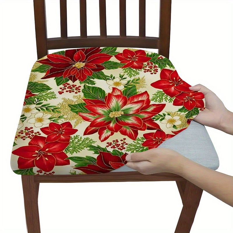 2 Pcs Festive Christmas Poinsettia Print Chair Cushion Covers Modern Polyester Durable Stain Resistant Machine Washable Sewn Seam Closure Home Kitchen Dining Room Decor - Image 1