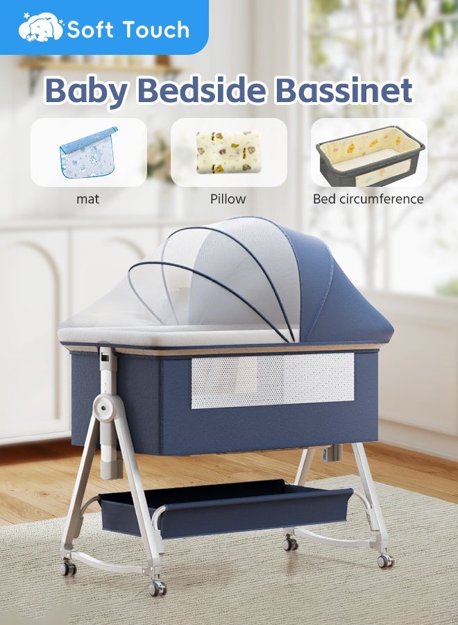 Soft Touch Baby Bassinet Bedside Sleeper, Baby Crib, Easy Folding Portable Baby Sleeping Bed, Rocking Bassinets with Mattress Mosquito Net for Infant Newborn (Blue) - Image 1