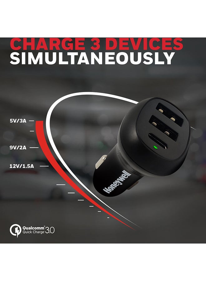 Honeywell Micro CLA 36W PD Smart Car Charger with Complimentary Braided Type C Cable, 3 Port Power Delivery Charger, Type C & 2 USB A Port, Compatible with iPhones, Smartphones, Power banks Black - Image 4