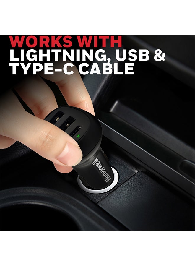 Honeywell Micro CLA 36W PD Smart Car Charger with Complimentary Braided Type C Cable, 3 Port Power Delivery Charger, Type C & 2 USB A Port, Compatible with iPhones, Smartphones, Power banks Black - Image 2