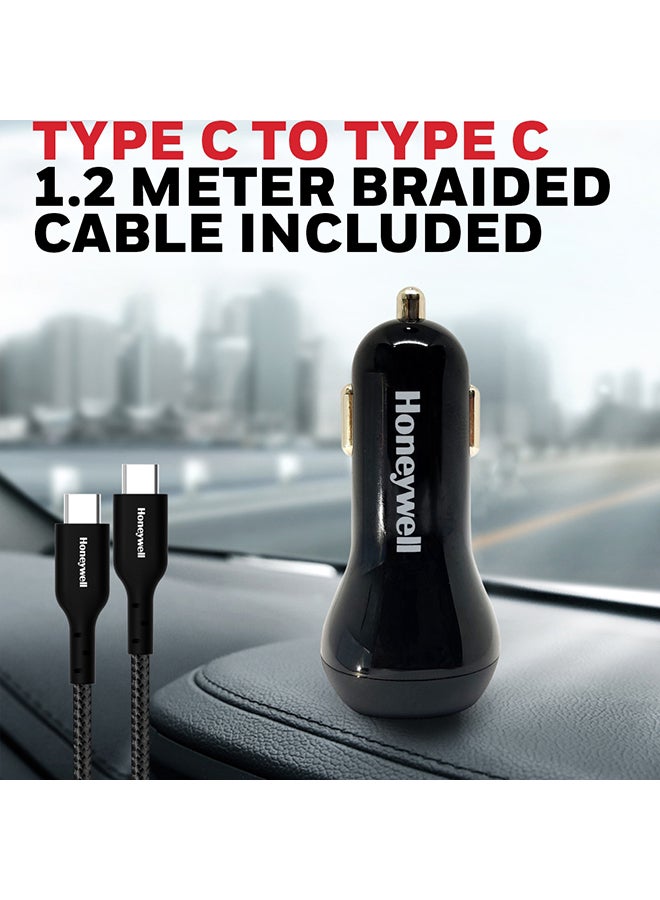 Honeywell Micro CLA 36W PD Smart Car Charger with Complimentary Braided Type C Cable, 3 Port Power Delivery Charger, Type C & 2 USB A Port, Compatible with iPhones, Smartphones, Power banks Black - Image 3