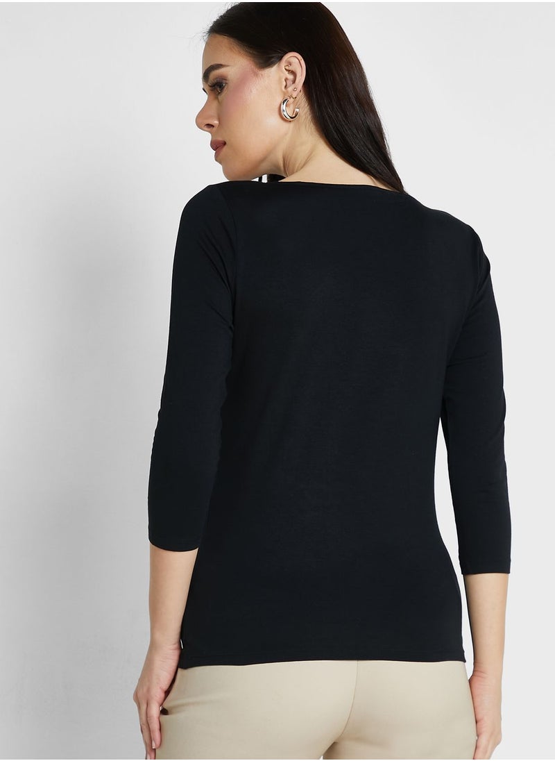 Marks & Spencer Cotton Rich Slim Fit 3/4 Sleeve T-Shirt  - Image 2