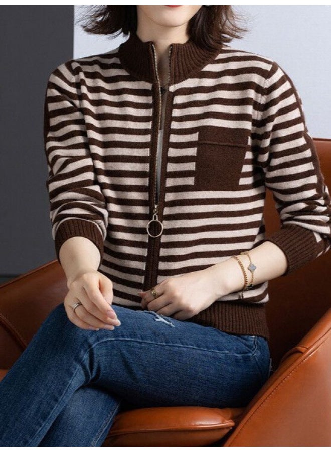 Leyuan Autumn Winter Stand Collar Contrast Color Striped Long Sleeve Zip-up Knitted Cardigan Top Lazy Outerwear Women's Sweater - Image 5