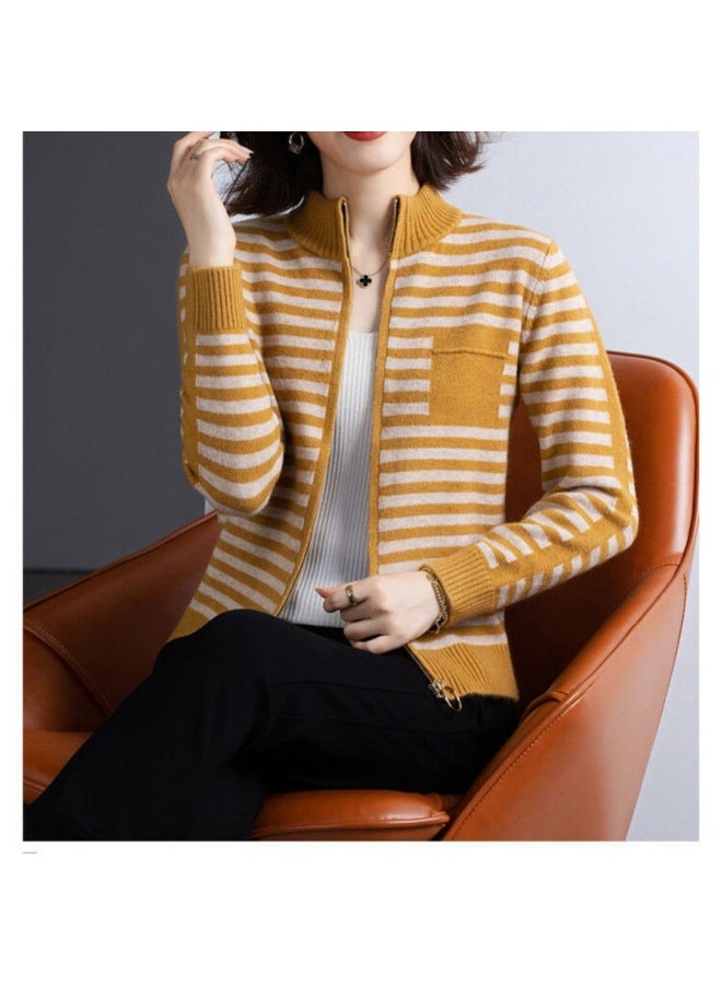 Leyuan Autumn Winter Stand Collar Contrast Color Striped Long Sleeve Zip-up Knitted Cardigan Top Lazy Outerwear Women's Sweater - Image 1
