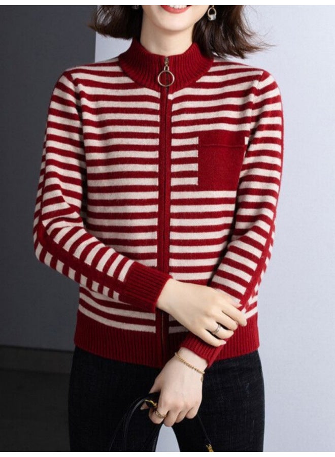 Leyuan Autumn Winter Stand Collar Contrast Color Striped Long Sleeve Zip-up Knitted Cardigan Top Lazy Outerwear Women's Sweater - Image 4