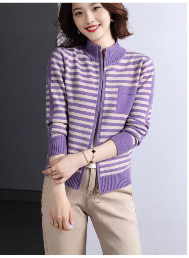 Leyuan Autumn Winter Stand Collar Contrast Color Striped Long Sleeve Zip-up Knitted Cardigan Top Lazy Outerwear Women's Sweater - Image 3