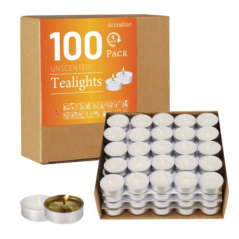 AlterEgo Unscented Tea Lights  100 Pack Tealight Candles  4 Hour Burn Time  CleanBurning White Palm Votive Smokeless Tealights Candles for Home Shabbat  Anniversaries 100Pack
