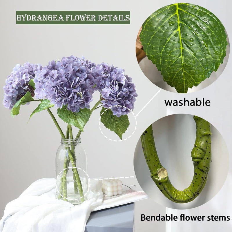 Buart 3PCS Long Stem Big Size Flowers Artificial Silk Hydrangea Lifelike Flowers Real Touch Purple Artificial Flowers Wedding Shower Bride Bouquets Office Living Room Table Decorations (21 Inch) - Image 3