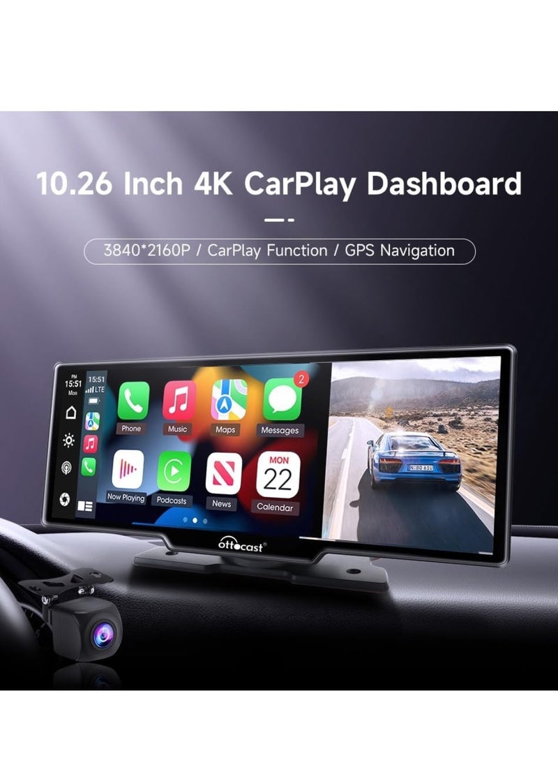 Ottocast - Portable Car Stereo OTTOCAST Wireless Apple CarPlay And Android Auto Dual Bluetooth Car Radio 10.26 Inch HD Touchable CarPlay Screen GPS Navigator With HD Dash Cam Front and Rear for All Cars - Image 1