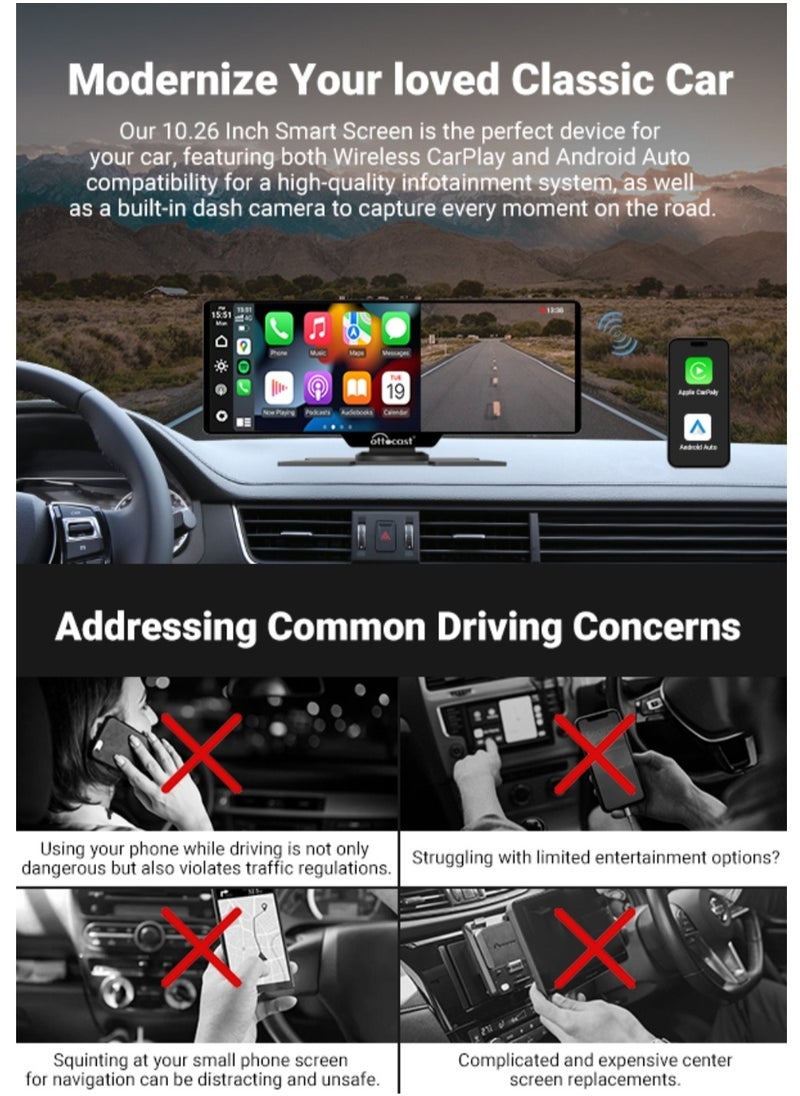 Ottocast - Portable Car Stereo OTTOCAST Wireless Apple CarPlay And Android Auto Dual Bluetooth Car Radio 10.26 Inch HD Touchable CarPlay Screen GPS Navigator With HD Dash Cam Front and Rear for All Cars - Image 1