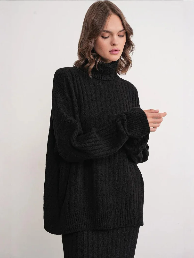 MixRay Black Mixray Oversize Ribbed Turtleneck Sweater for Women | Best Price UAE