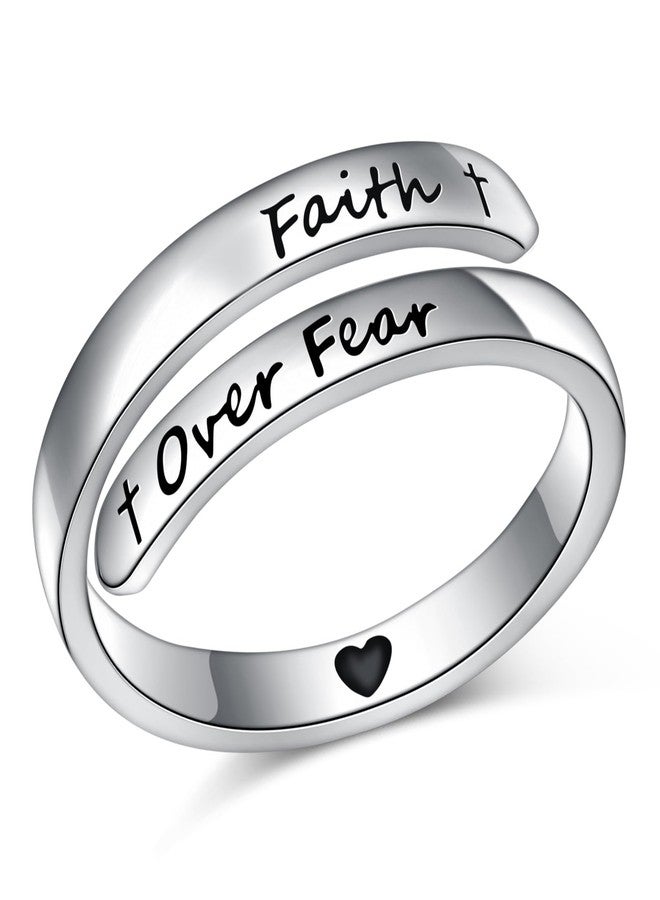 Ladytree Adjustable Inspirational Rings 925 Sterling Silver Faith Over Fear Cross Stacking Wrap Spiral Twist Statement Band Encouragement Gift Jewelry for Women Men(Faith Over Fear) - Image 1