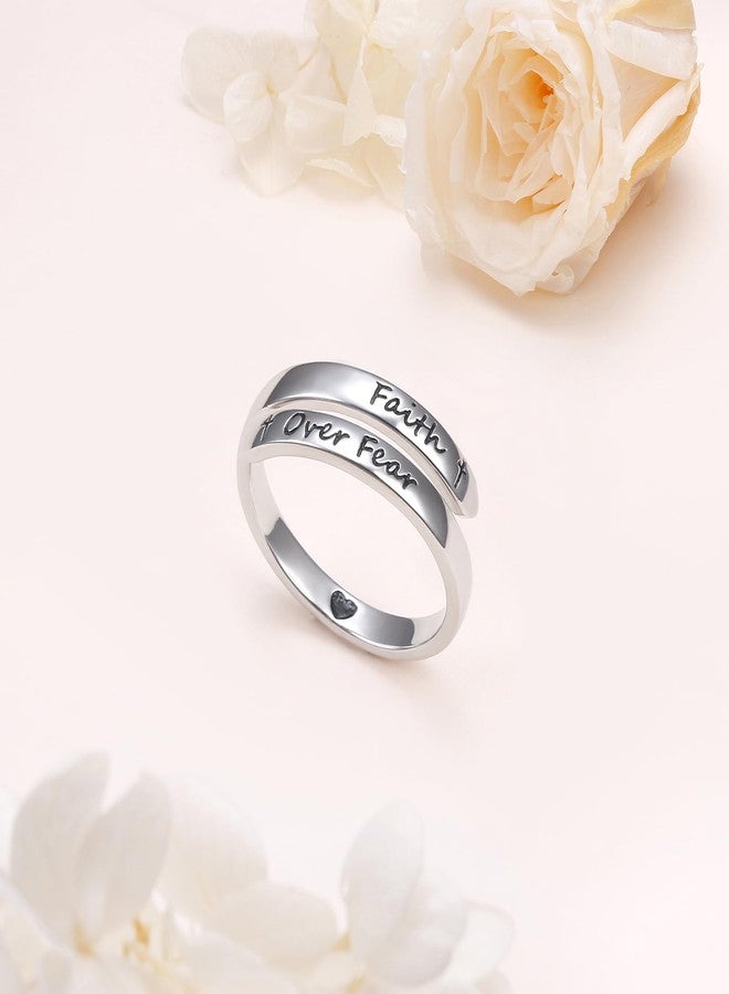 Ladytree Adjustable Inspirational Rings 925 Sterling Silver Faith Over Fear Cross Stacking Wrap Spiral Twist Statement Band Encouragement Gift Jewelry for Women Men(Faith Over Fear) - Image 3