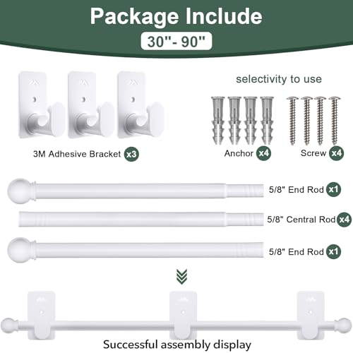 ZNONOX Curtain Rods No Drilling for Windows 30 to 90 Inches,5/8 Inch Diameter No Drill Curtain Rod Set with 3M Adhesive Brackets, White - Image 5