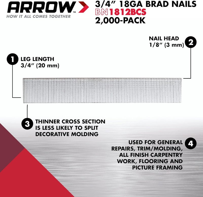 Arrow Fastener Arrow BN1812BCS 18-Gauge Steel Brad Nails for Molding, Cabinets, Framing, Trim, and Finishing, Safe to Use with Electric or Battery Powered Nailers, 3/4 Inch, 2000 Pack - Image 2