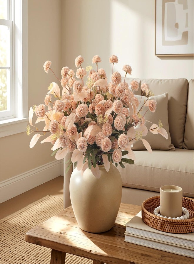 Alupssuc 16PCS Faux Silk Pompon Mums Artificial Flowers with Eucalyptus, Fake Chrysanthemum Floral for DIY Vase Arrangement, Long Stem Dining Table Centerpiece Home Decor, Beige - Image 4