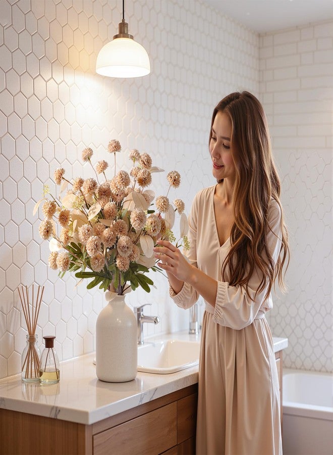 Alupssuc 16PCS Faux Silk Pompon Mums Artificial Flowers with Eucalyptus, Fake Chrysanthemum Floral for DIY Vase Arrangement, Long Stem Dining Table Centerpiece Home Decor, Beige - Image 5