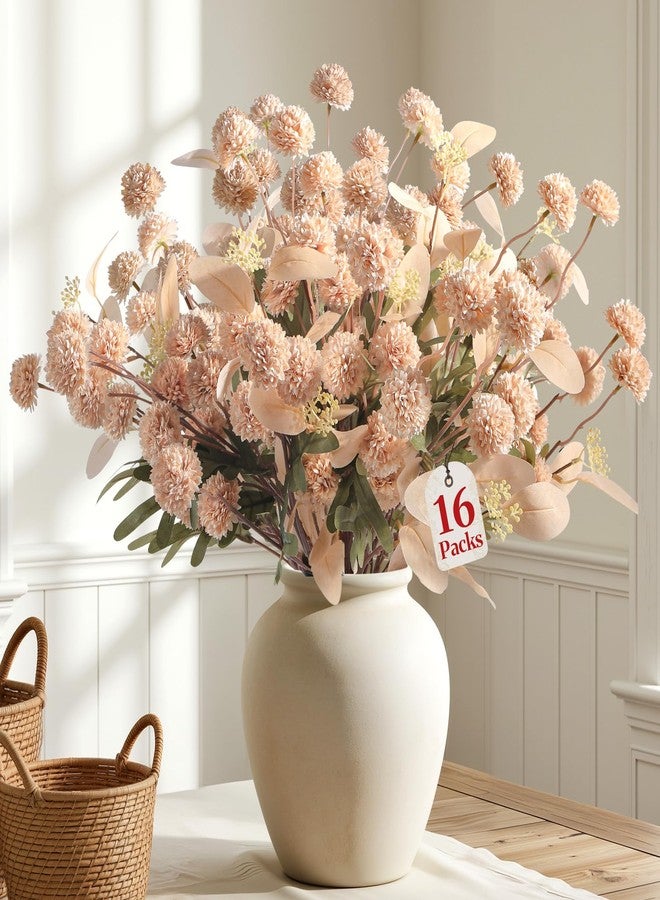 Alupssuc 16PCS Faux Silk Pompon Mums Artificial Flowers with Eucalyptus, Fake Chrysanthemum Floral for DIY Vase Arrangement, Long Stem Dining Table Centerpiece Home Decor, Beige - Image 1