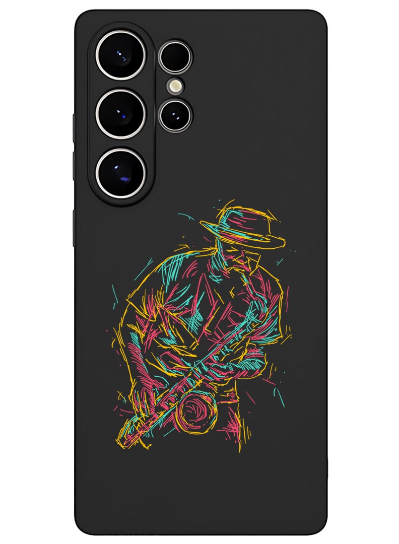 Theodor Protective Slim Fit Case Liquid Silicone Cover with Full Body Protection Anti-Scratch Shockproof Case For Samsung Galaxy S25 Ultra (Black) - Abstract saxophone - Image 1