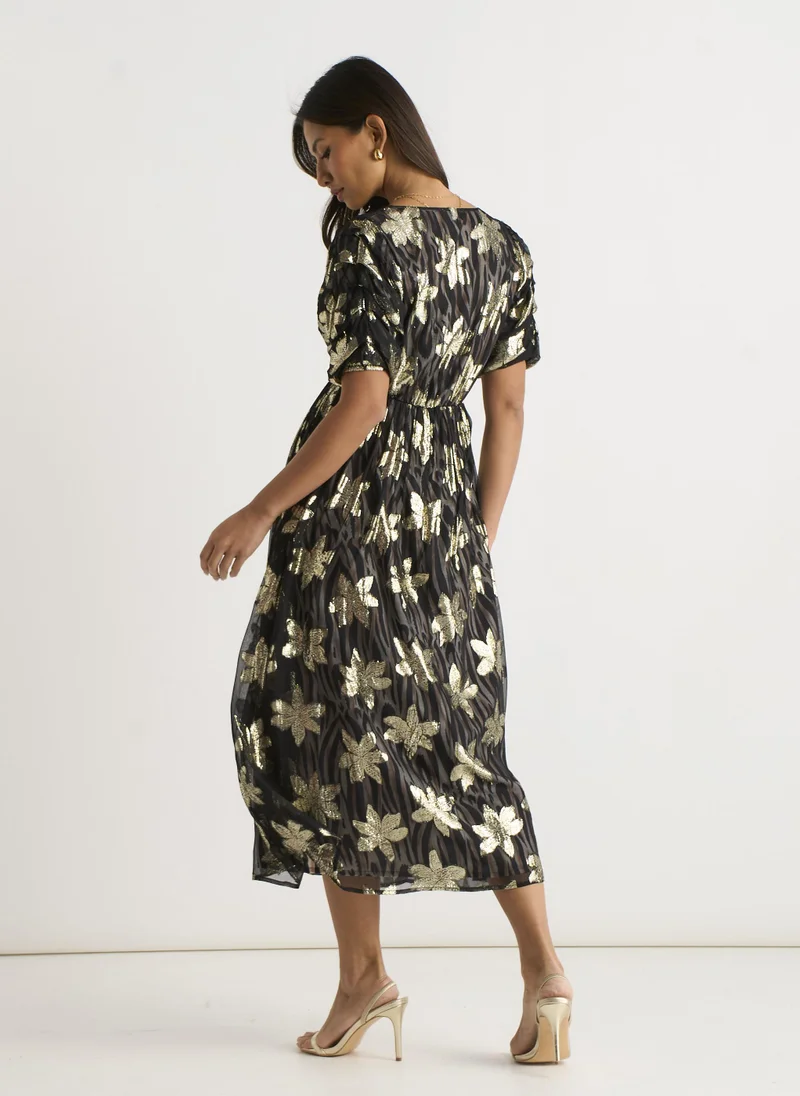 Gini London  Black Floral Lurex Wrap Front Dress for Women | Best Price UAE