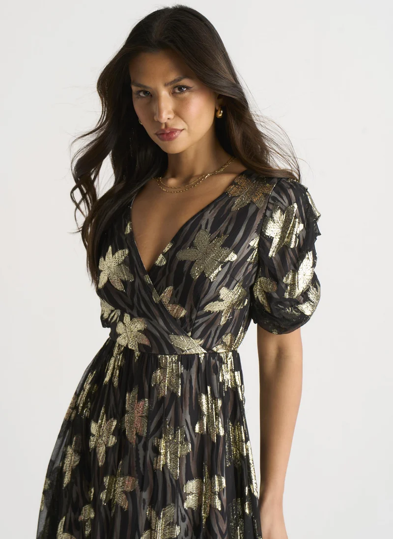 Gini London  Black Floral Lurex Wrap Front Dress for Women | Best Price UAE