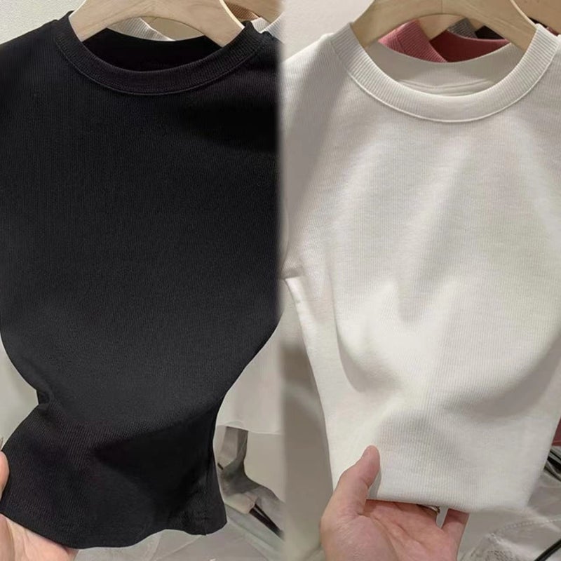 Dopamine Threaded Slim-fit Shoulder T-shirt Womens Short-sleeved Summer New Ins All-match Slim-fit Slim-fit Round Neck Black + white [two-piece pack]