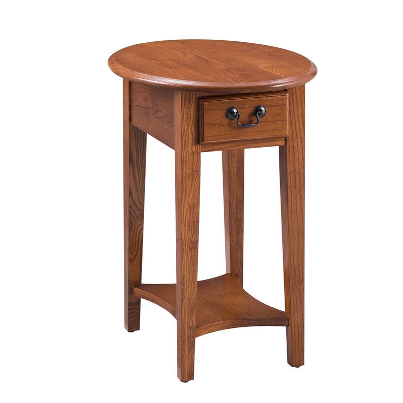 Haven Ridge Solid Wood Oval Side Table with Drawer and Shelf Medium Oak Brown Perfect for Living Rooms Bedrooms and Small Spaces  Leick Home 9042MED