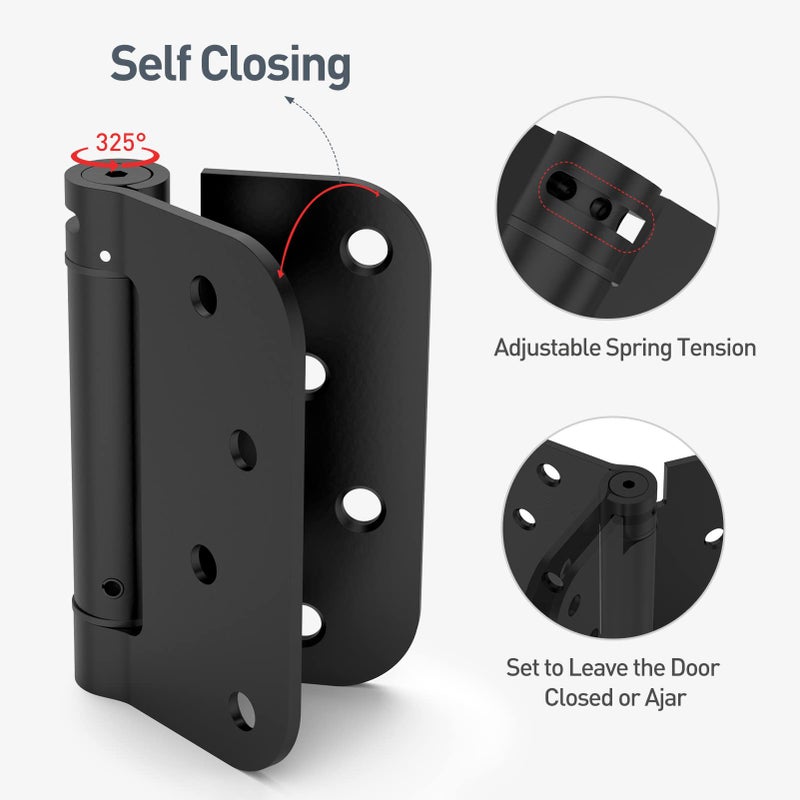 Hosom Self Closing Door Hinges Spring Loaded Hinges 4 Inch Adjustable Tension For Garage Front Door Back Door Ul Listed For Left And Right Hand Door 5/8'' Radius Corners Matte Black 3 Pack - Image 3