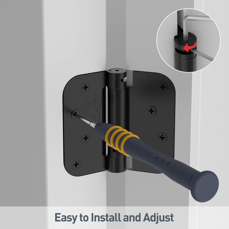 Hosom Self Closing Door Hinges Spring Loaded Hinges 4 Inch Adjustable Tension For Garage Front Door Back Door Ul Listed For Left And Right Hand Door 5/8'' Radius Corners Matte Black 3 Pack - Image 5