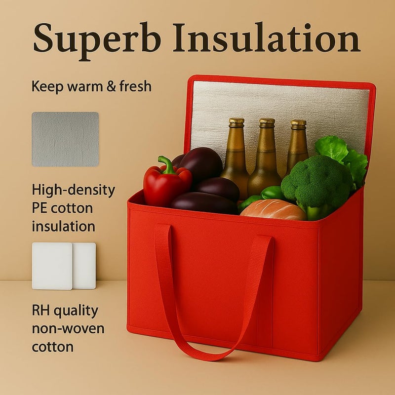 musbus 2-Pack XL-Large Insulated Grocery Shopping Bags, Red, Reusable, Heavy Duty, Zipped Zipper,Collapsible,Tote,Cooler,Groceries,for car,Recycled Material Warm Foldable Bagâ€¦ - Image 5