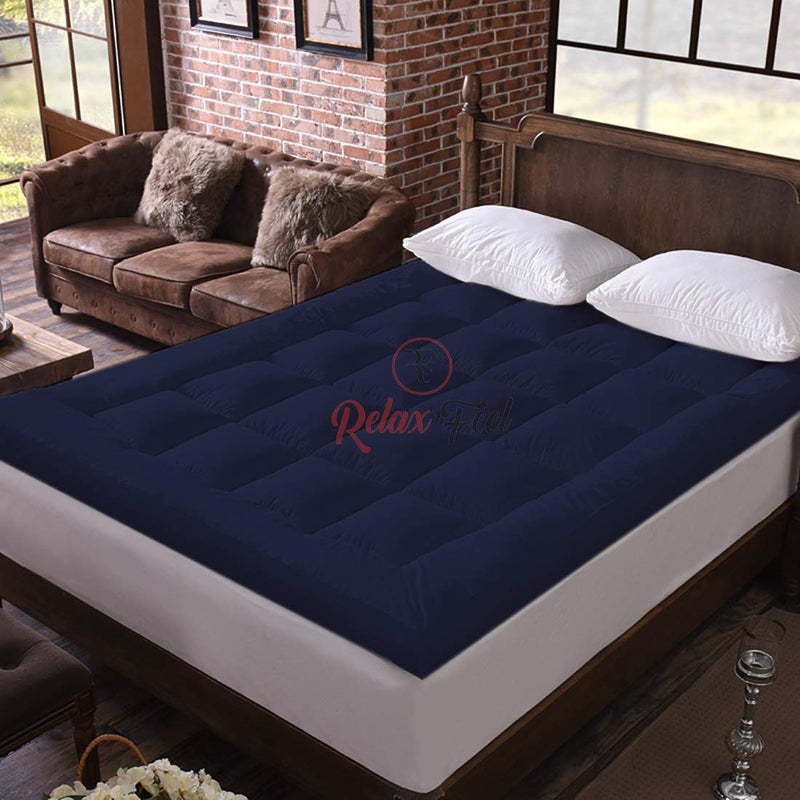 Relaxfeel 600 Gsm Microfiber 5 Star Cotton Single Bed Soft Waterproof Quilted Mattress Topper/Padding for Comfortable Sleep - Navy Blue - Twin Size - 48 Inche X 78 Inche - Image 1