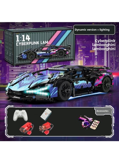 Cyberpunk Lamborgan Green Cow Building Blocks Black Samurai V12 Remote Control Car Boy Assembled Toy Car-Color:Container Version Cyber Purple Lambo Dynamic + Lighting