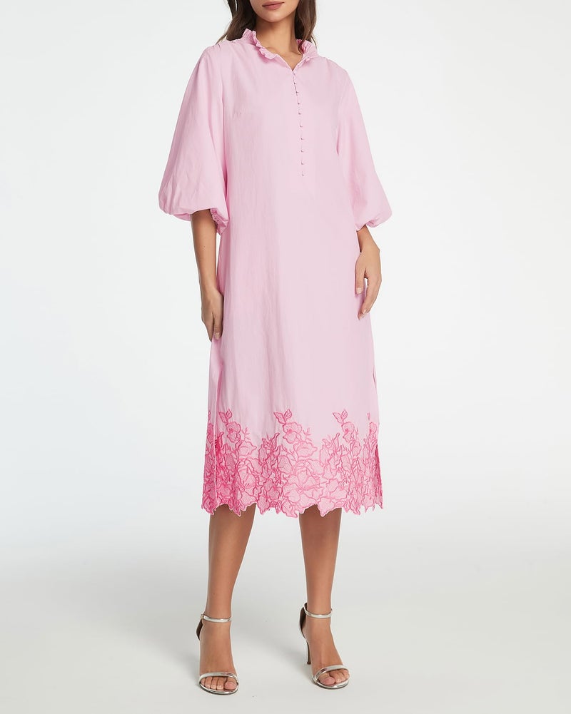 Kedera Women's Casual Cotton Summer Dress Floral Embroidered V Neck Button Down Midi Flowy Long Dress with Pockets Pink - Image 3