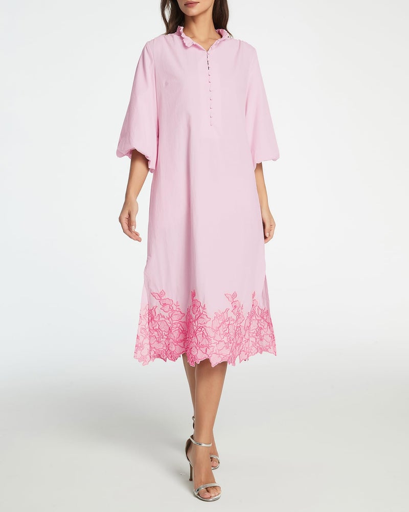 Kedera Women's Casual Cotton Summer Dress Floral Embroidered V Neck Button Down Midi Flowy Long Dress with Pockets Pink - Image 5