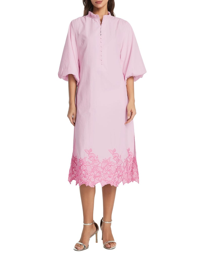 Kedera Women's Casual Cotton Summer Dress Floral Embroidered V Neck Button Down Midi Flowy Long Dress with Pockets Pink - Image 1
