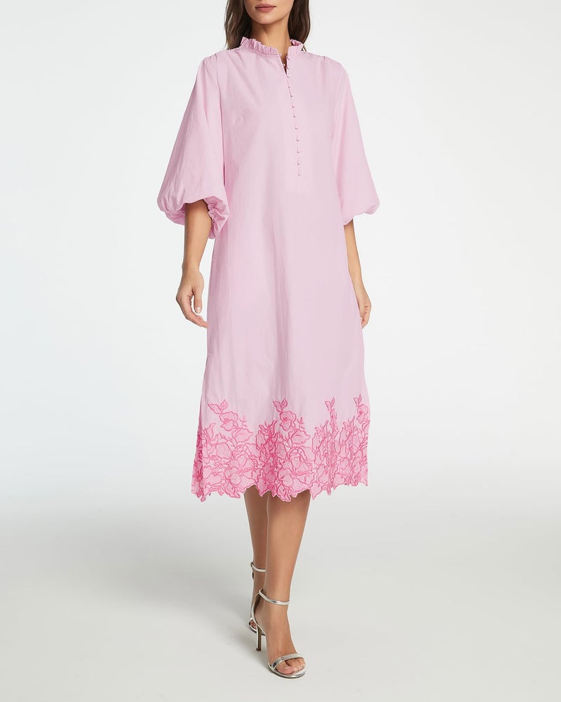 Kedera Women's Casual Cotton Summer Dress Floral Embroidered V Neck Button Down Midi Flowy Long Dress with Pockets Pink - Image 2