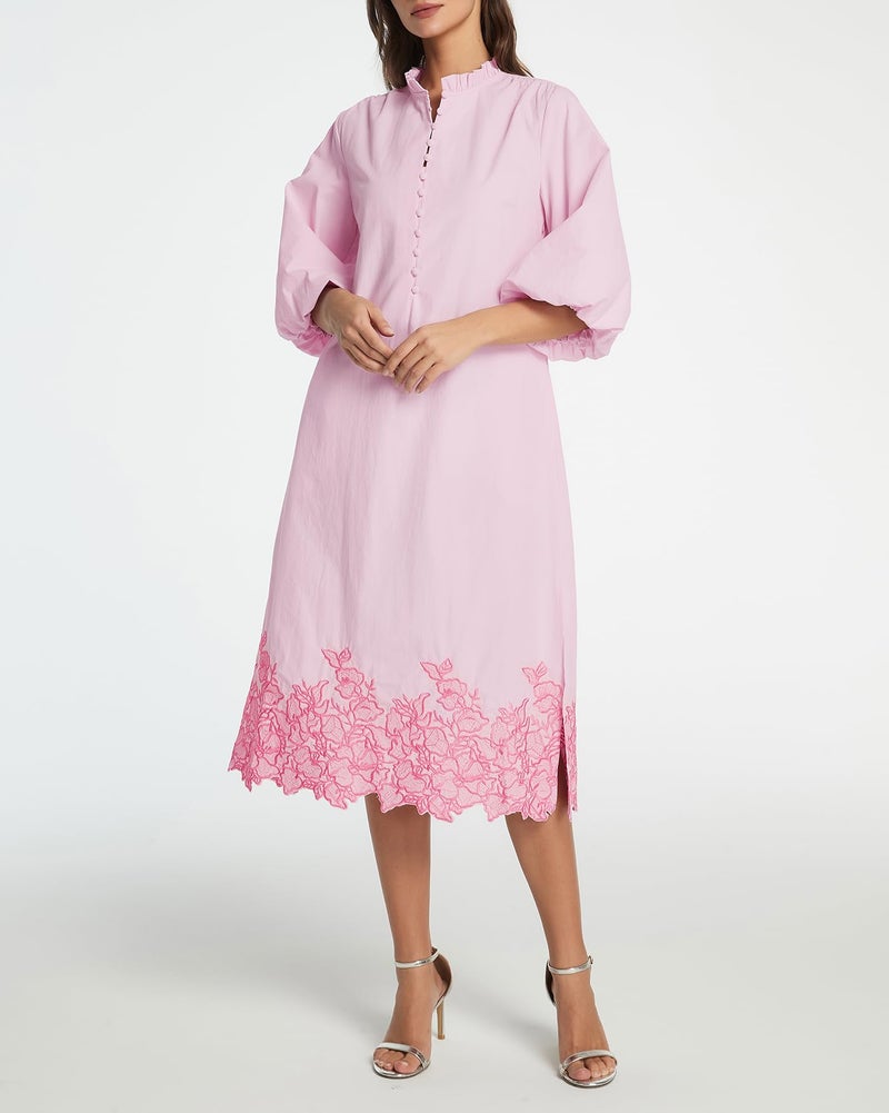 Kedera Women's Casual Cotton Summer Dress Floral Embroidered V Neck Button Down Midi Flowy Long Dress with Pockets Pink - Image 4