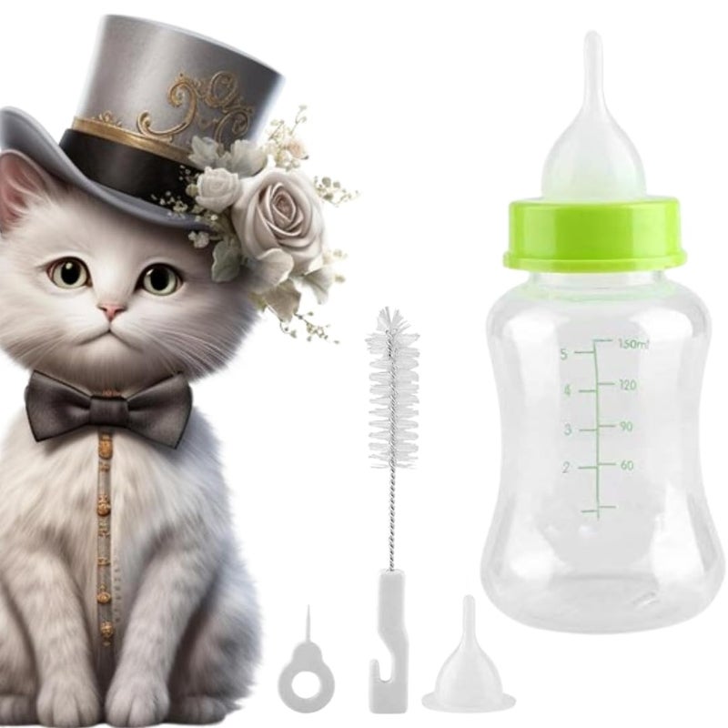 Sage Square Pet Milk Feeding Nursing Bottle Kit 150ml with Naples and Cleaning Brush for New Born Kitten, Ergonomic Design for Comfortable Feeding Sessions (Color May Varry) - Image 1
