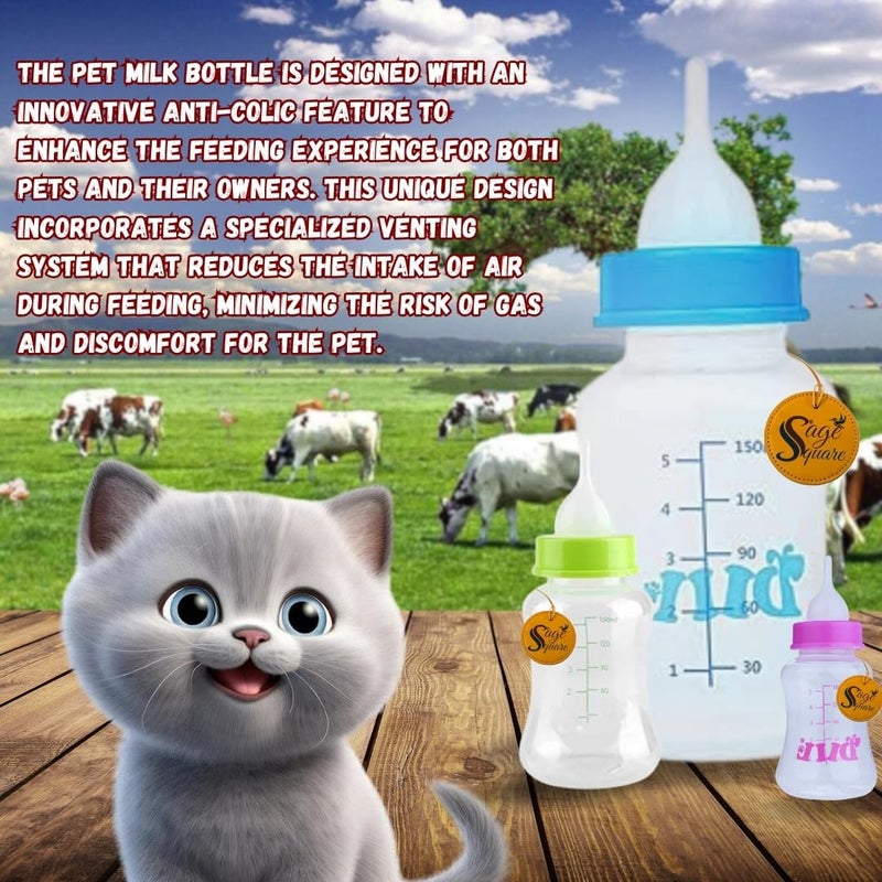 Sage Square Pet Milk Feeding Nursing Bottle Kit 150ml with Naples and Cleaning Brush for New Born Kitten, Ergonomic Design for Comfortable Feeding Sessions (Color May Varry) - Image 4