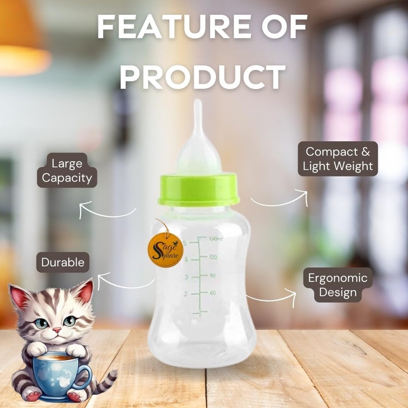 Sage Square Pet Milk Feeding Nursing Bottle Kit 150ml with Naples and Cleaning Brush for New Born Kitten, Ergonomic Design for Comfortable Feeding Sessions (Color May Varry) - Image 3