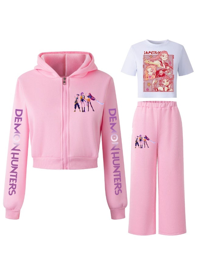 عام كبوب شيطان الصيادين الفتيات مقنعين سترة + بنطلون + تي شيرت ثلاثة قطعة الرياضة الصوف دعوى الأطفال - Image 1