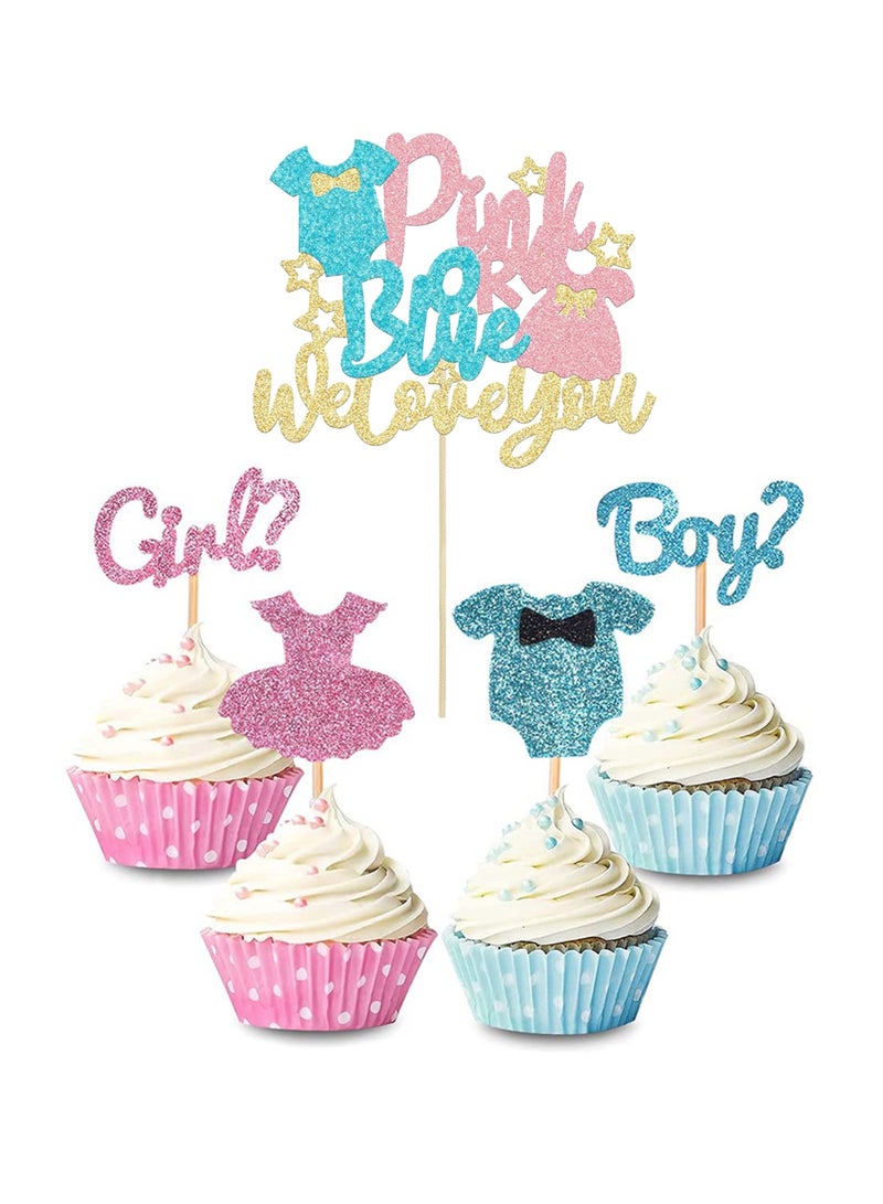 13Pcs Sparkling Baby Gender Reveal Cake Toppers Set Boy or Girl Glitter Pink Blue Cake Decorations Pack, Perfect for Baby Shower Party Home/Outdoor Events Party Supplies Baby Party Favors - Image 1
