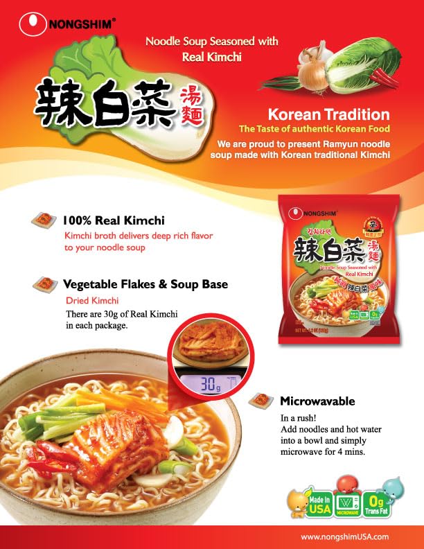 Nongshim Ramen Noodles, Gourmet Instant Ramen, Premium Microwavable Noodle Soup, Kimchi, 4.2 Ounce (Pack of 16) - Image 2
