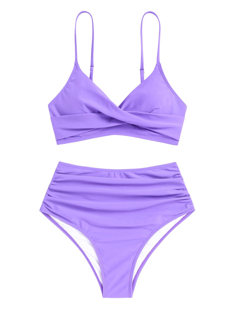 ZAFUL Women High Waisted Bikini Sets Two Piece Swimsuit Push Up Twist Front Ruched Bathing Suit Purple L - Image 5