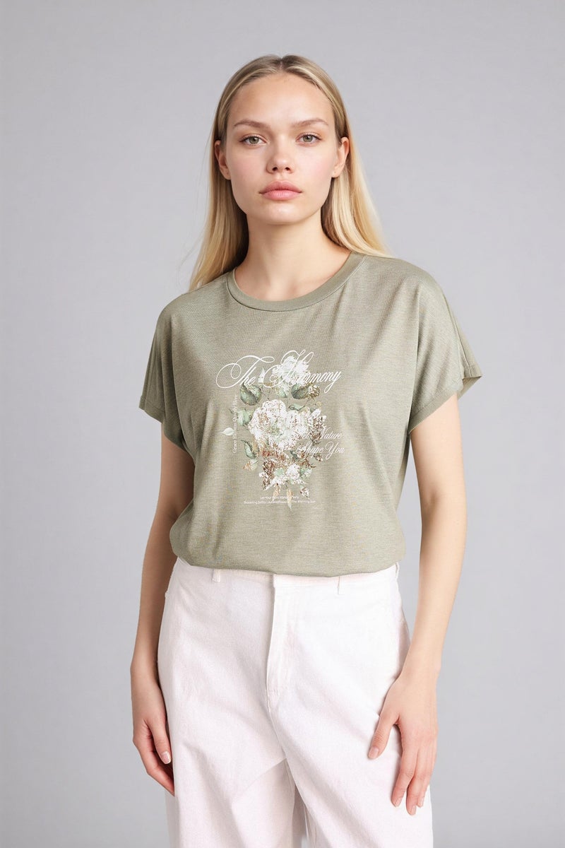 DeFacto Green Woman Crew Neck Floral Short Sleeve T-Shirt Casual - Image 1